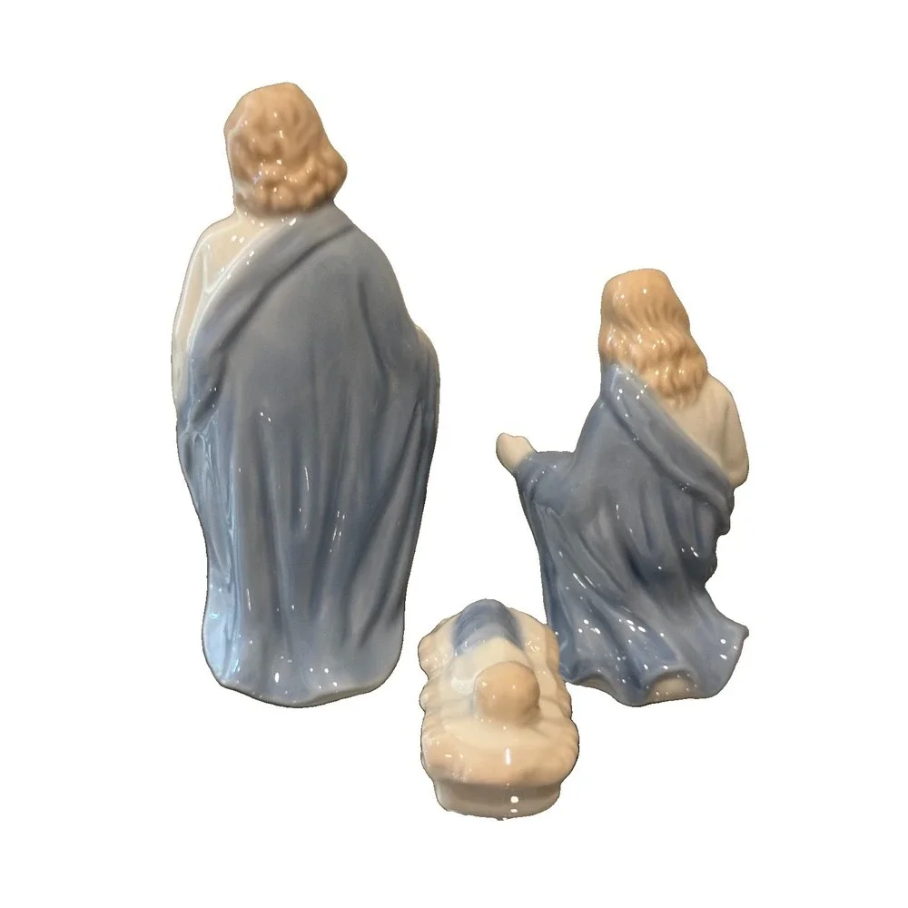 Vintage Colonial Candle Japan Porcelain Nativity Set Holy Family 3pc White Blue